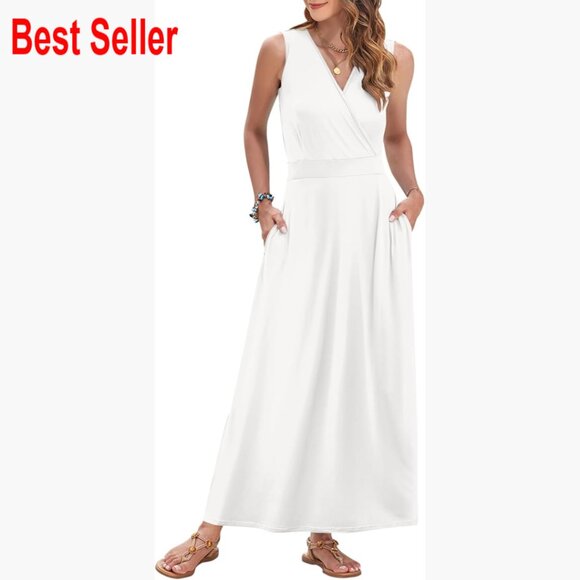 Dresses & Skirts - Polyester Spandex Maxi Dress Sleeveless V-Neck Wrap Waist with Pockets